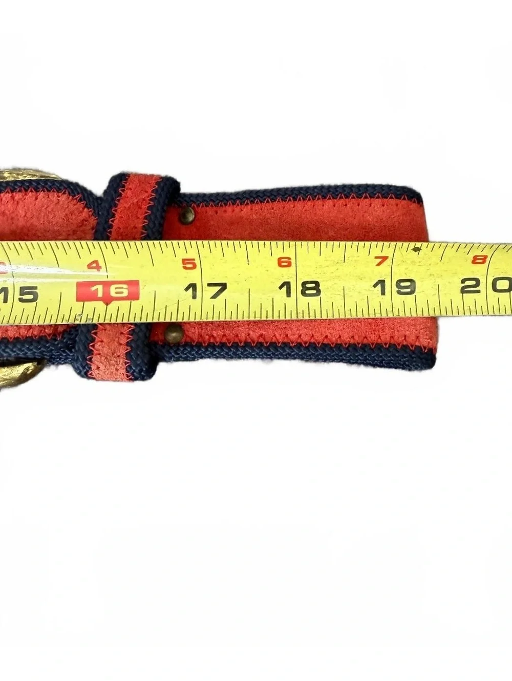 Vintage Red Suede Leather Belt Navy Trim Brass Buckle Adjustable Made in USA